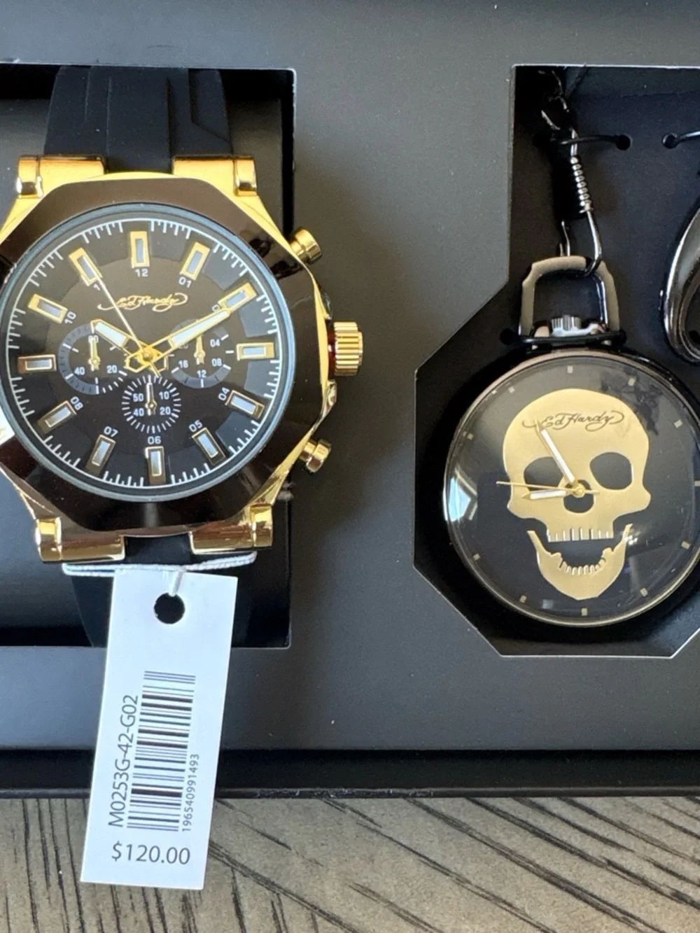 Ed Hardy Gold Tone Watch & Skull Pocket Watch Set - Black and Gold